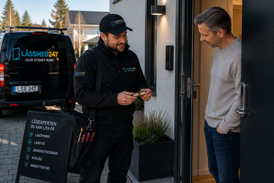 Låssmed visar cylinderalternativ för planerat låsbyte