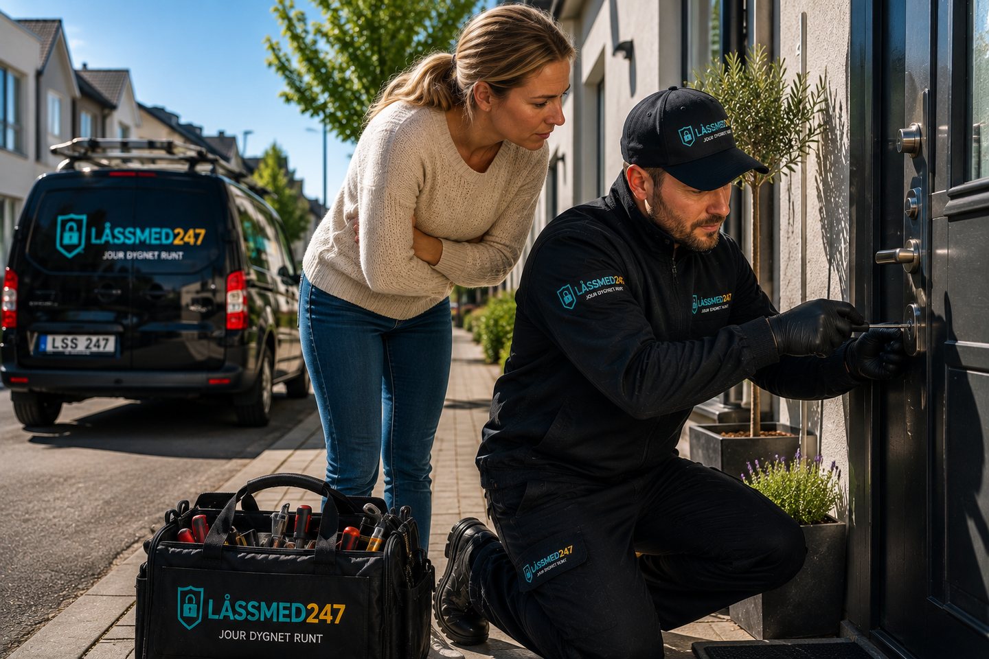 Låstekniker och kund går igenom låslösning vid bostad