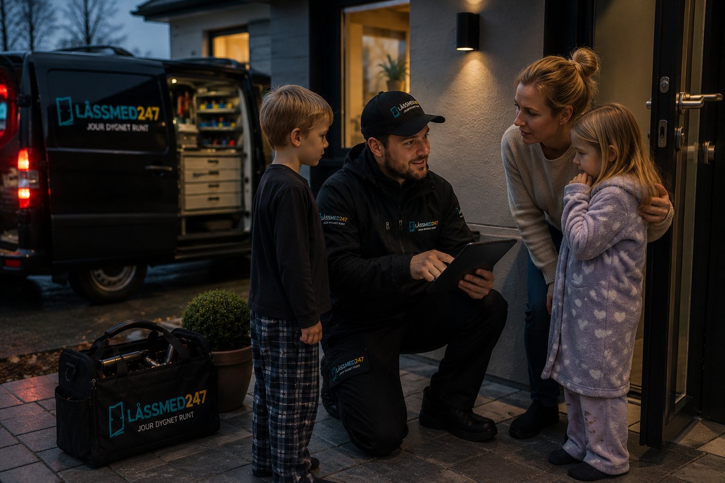 Familj får hjälp vid ett akut låsproblem utanför bostaden på kvällen