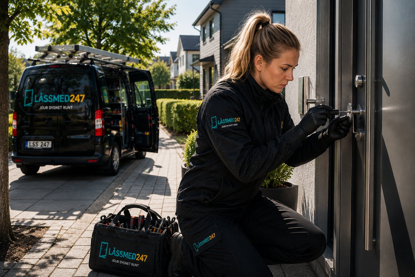 Låstekniker arbetar vid entrédörr i dagsljus