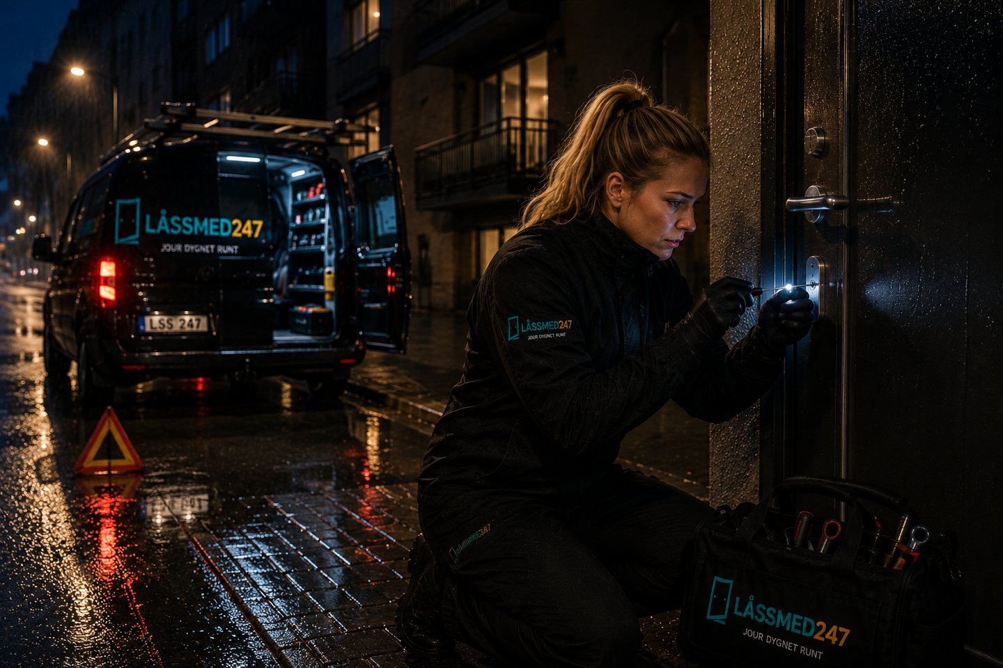 Akut låsservice vid bostadsentré i regn på kvällen