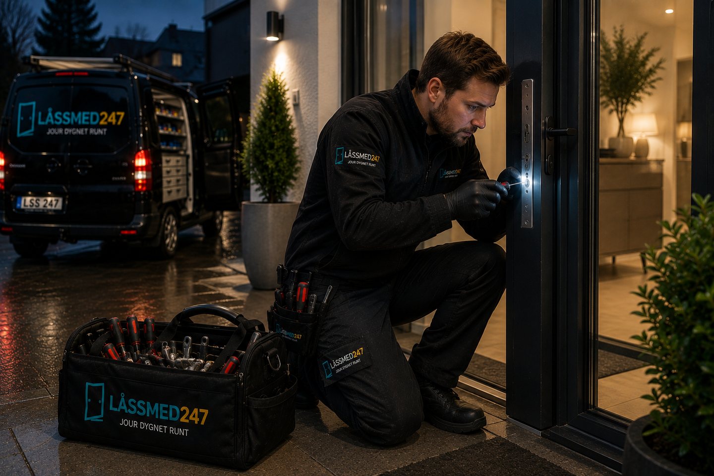 Låstekniker arbetar vid villaentré på kvällen