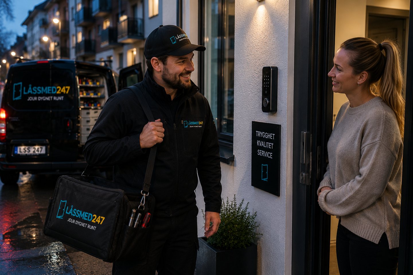 Låstekniker anländer till kund med serviceutrustning